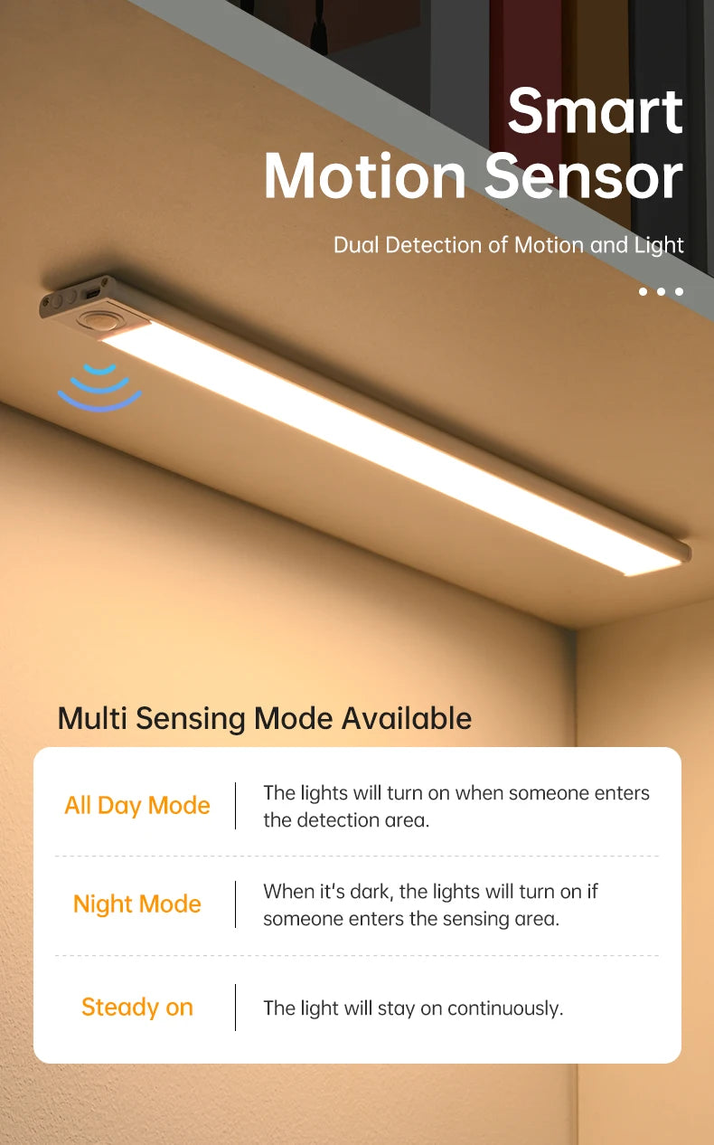 Rechargeable Motion-Sensor LED Light Bar – 3 Colors, Under-Cabinet