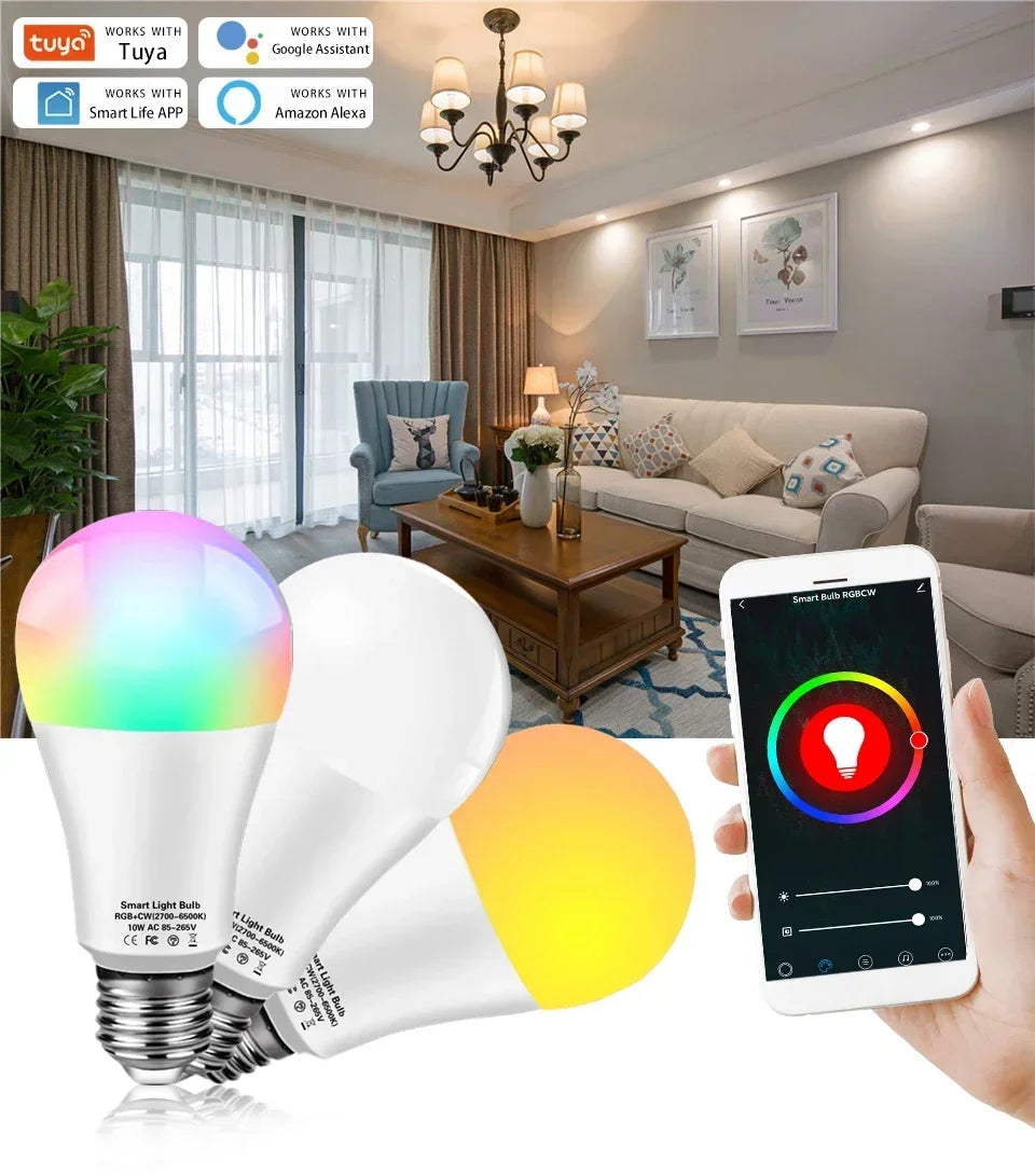 Tuya RGB LED Light Bulbs Smart WiFi E27 Smart Lamp 220V 110V 10W 15W 20W  Lamp Smart Life APP Google Assisatnt Voice Control