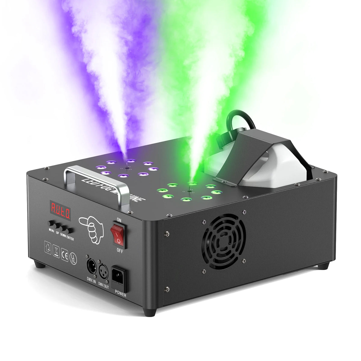 U'King 2000W RGB Fog Machine – Dual-Tube, 3-in-1 LED Color Smoke Effect, DMX512, Remote Control, for DJ, Stage & Weddings, CE Certified