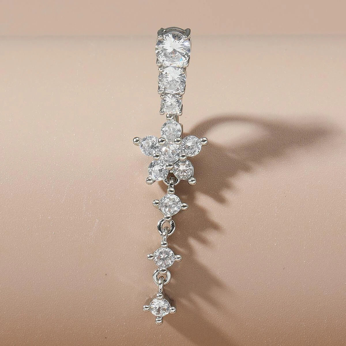 Long Dangled Flower Crystals Belly Button Rings Sexy Curved Navel Piercing for Women Girls 5 Zircons Belly body Jewelry 1 Piece