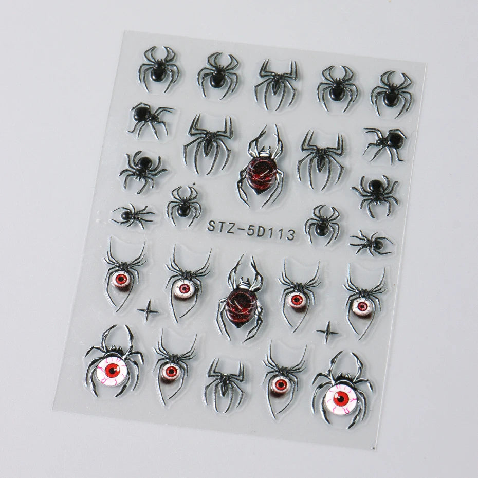 2pcs 3D Spider Stickers Nail Decals Halloween Black Spider Eye Nail Art Decorations 5D Embossed Adhesive Sliders Design Manicure