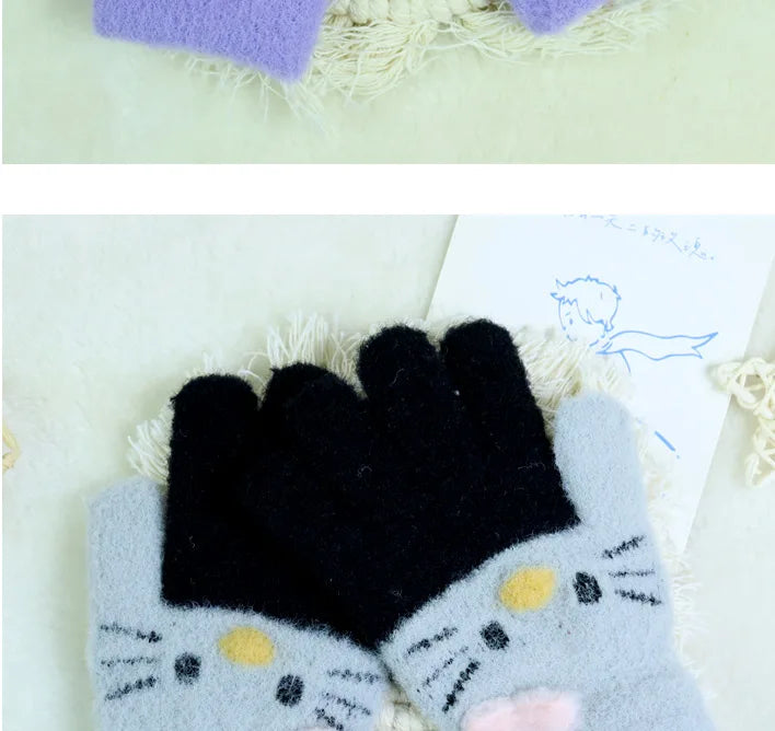 Kids’ Color-Block Cat Knit Gloves
