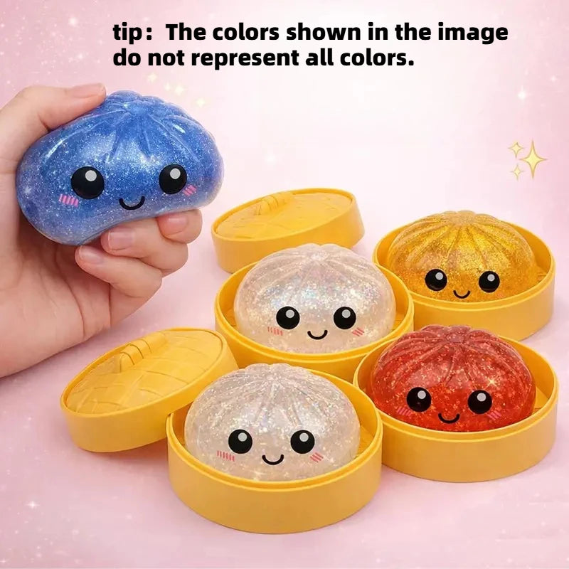 Steamed Bun Squeeze Toy Simulation Bao Stress Relief Fidget Toy with Beads Sparkles Soft Squishy Sensory Decompression Accessory