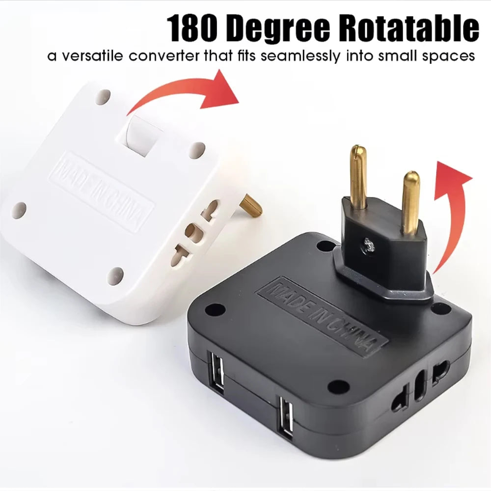180° Rotating EU Plug Adapter with 2 AC Outlets & 2 USB Ports