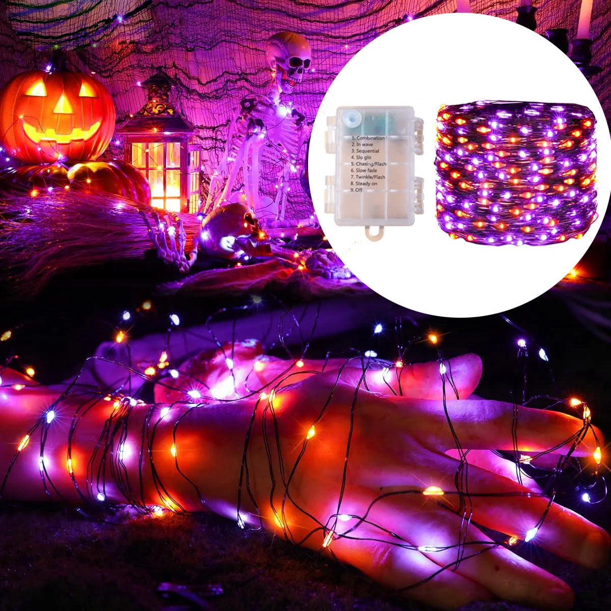 5M-20M Halloween Lights LED Purple Orange String Light Fairy Outdoor Battery Powered For Christmas Party Garden Halloween Decor
