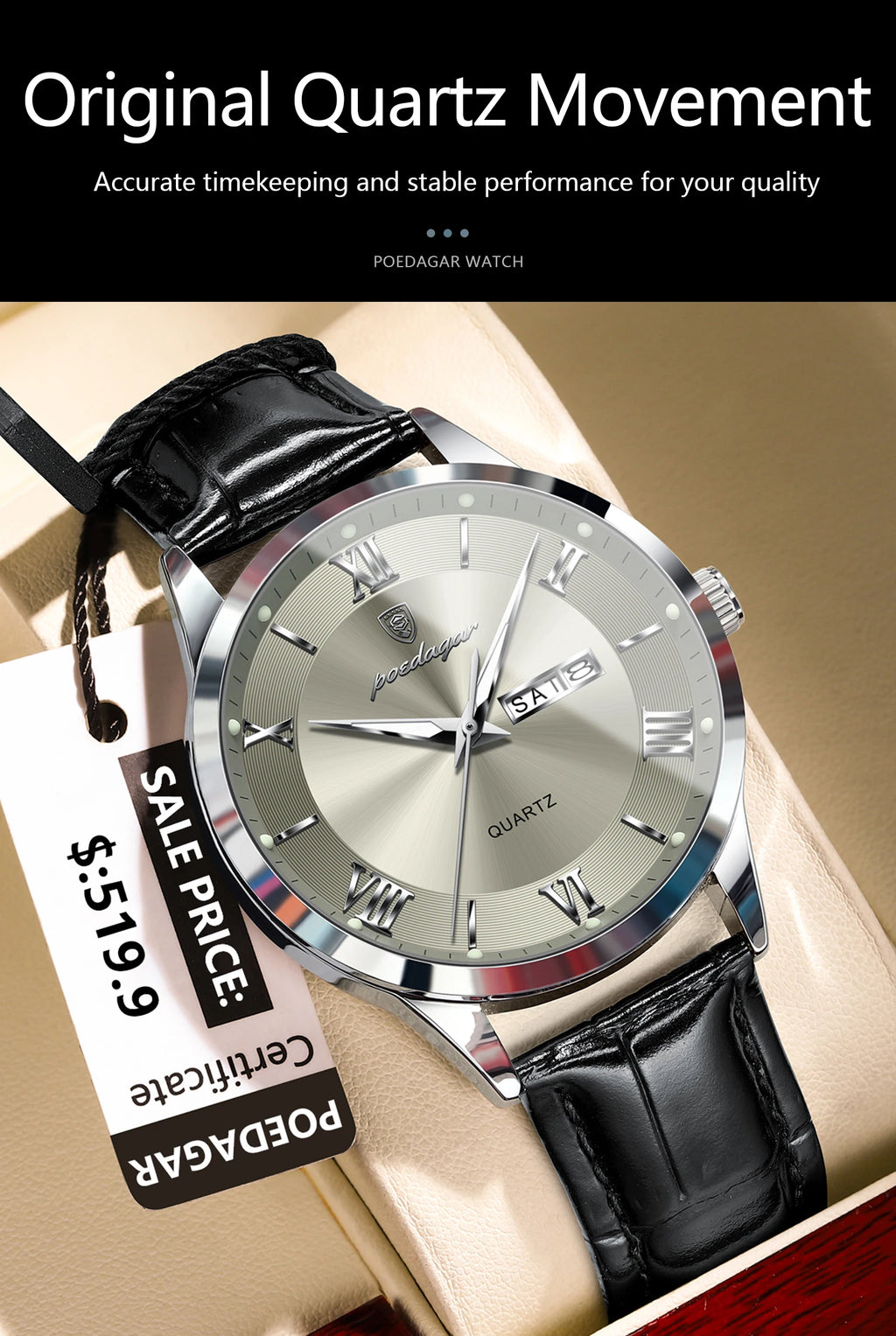 POEDAGAR 978-D Men’s Day-Date Dress Watch
