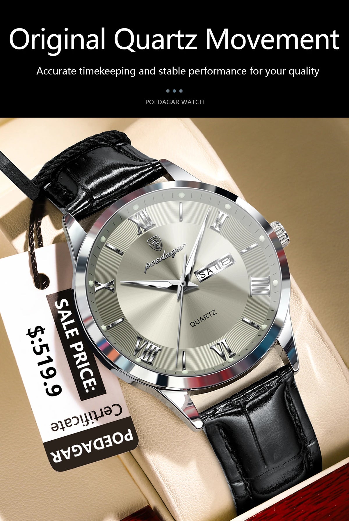 POEDAGAR 978-D Men’s Day-Date Dress Watch