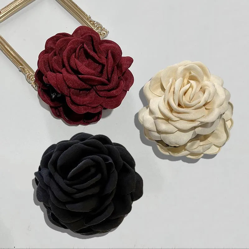 French Fabric Rose Hair Claw Clips – Floral Barrette for Women & Girls, All Seasons