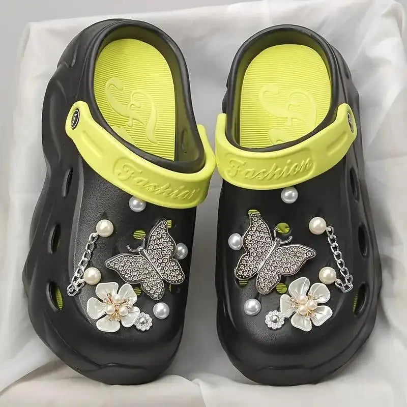 Luxus DIY Perlenkette Rutschfeste Clogs Damen Sommer 2026 Komfort Plateau Slip On Sandalen EVA Dicke Sohle Outdoor Hausschuhe