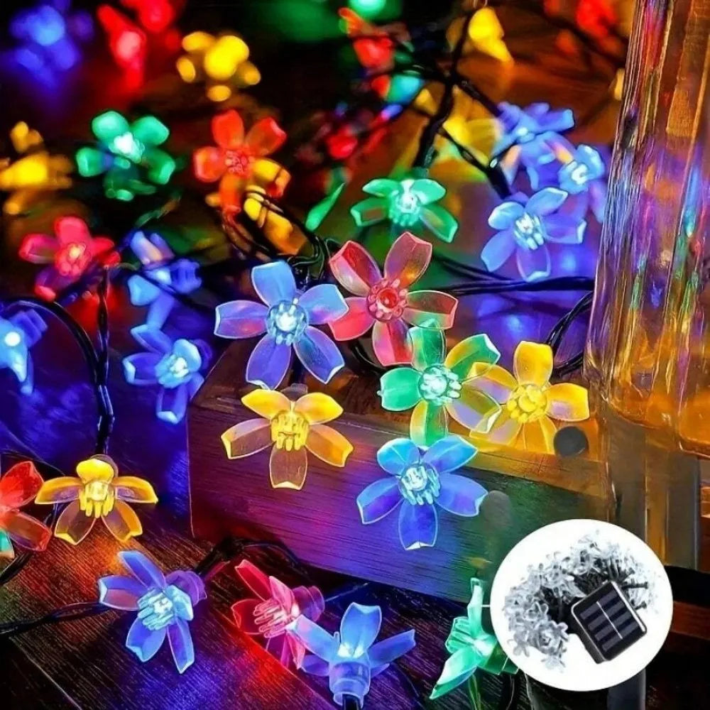 Solar Cherry Blossom Outdoor String Lights, Floral LED Fairy Lights for Yard Tree, Balcony, Backyard Landscape Festival Decor