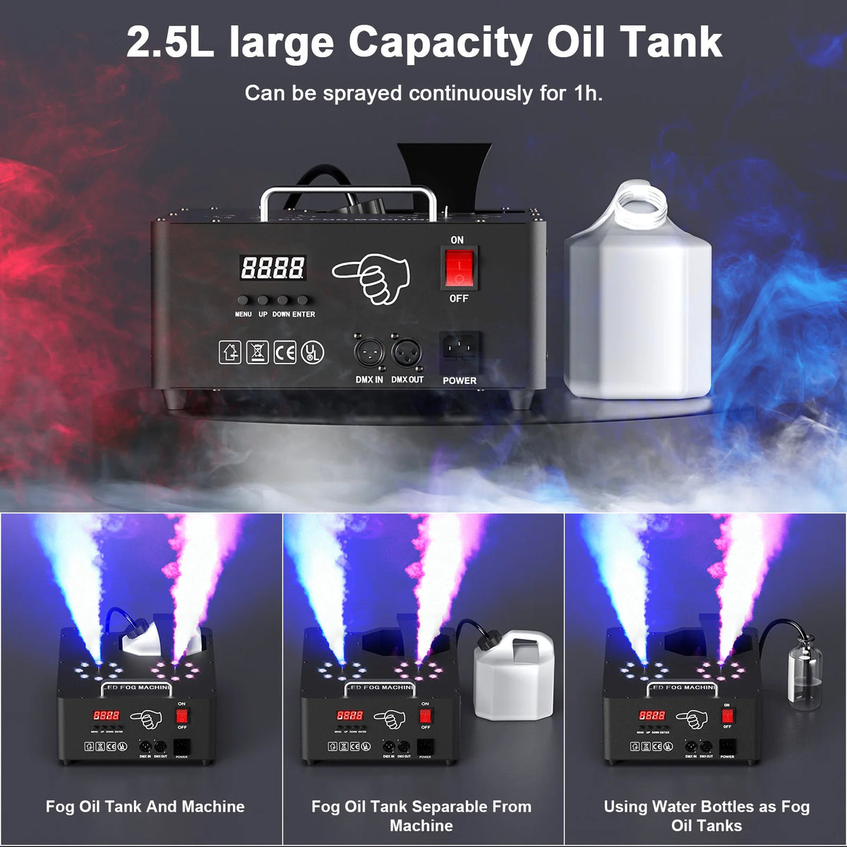 U'King 2000W RGB Fog Machine – Dual-Tube, 3-in-1 LED Color Smoke Effect, DMX512, Remote Control, for DJ, Stage & Weddings, CE Certified