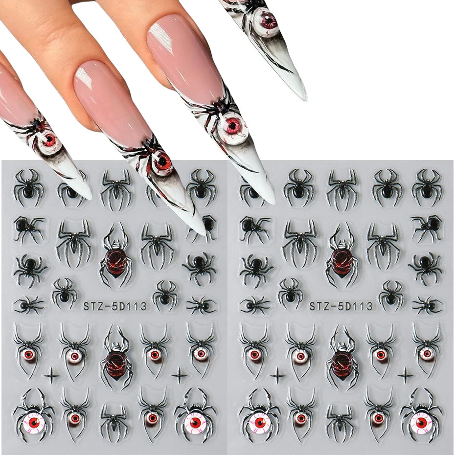 2pcs 3D Spider Stickers Nail Decals Halloween Black Spider Eye Nail Art Decorations 5D Embossed Adhesive Sliders Design Manicure