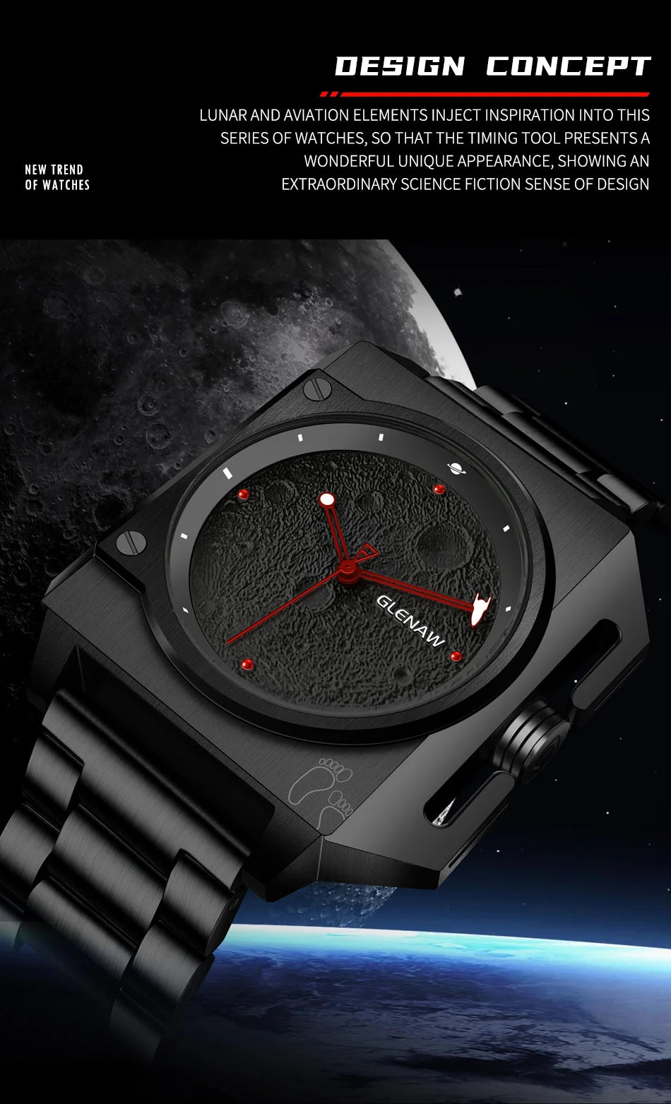GLENAW GL8655 Men’s Automatic Watch with Moon-Texture Dial