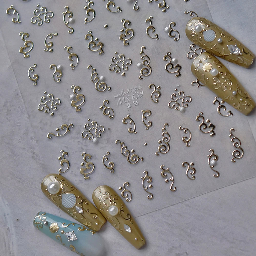 5D Luxury Nail Art Stickers – Gold Gemstone & Courtly Pattern Manicure Decals