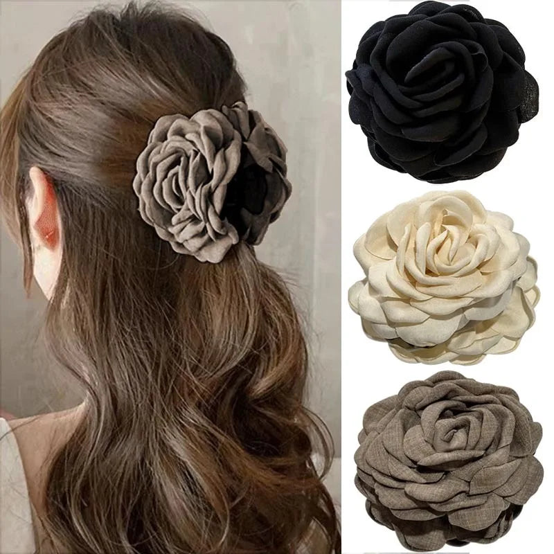 French Fabric Rose Hair Claw Clips – Floral Barrette for Women & Girls, All Seasons