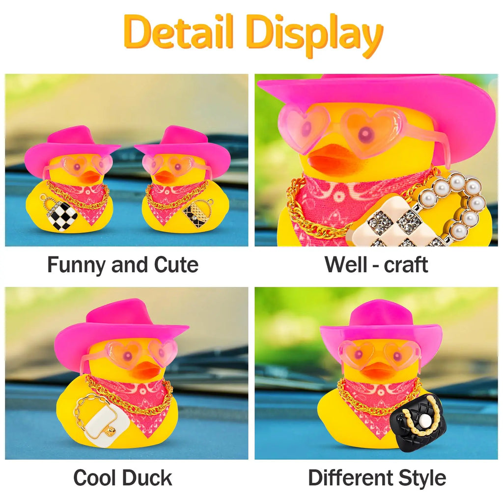 Rubber Duck Car Decor with Straw Hat, Gold Sunglasses, Necklace,Squeaky Dashboard Accessories, Decor Duck for Car