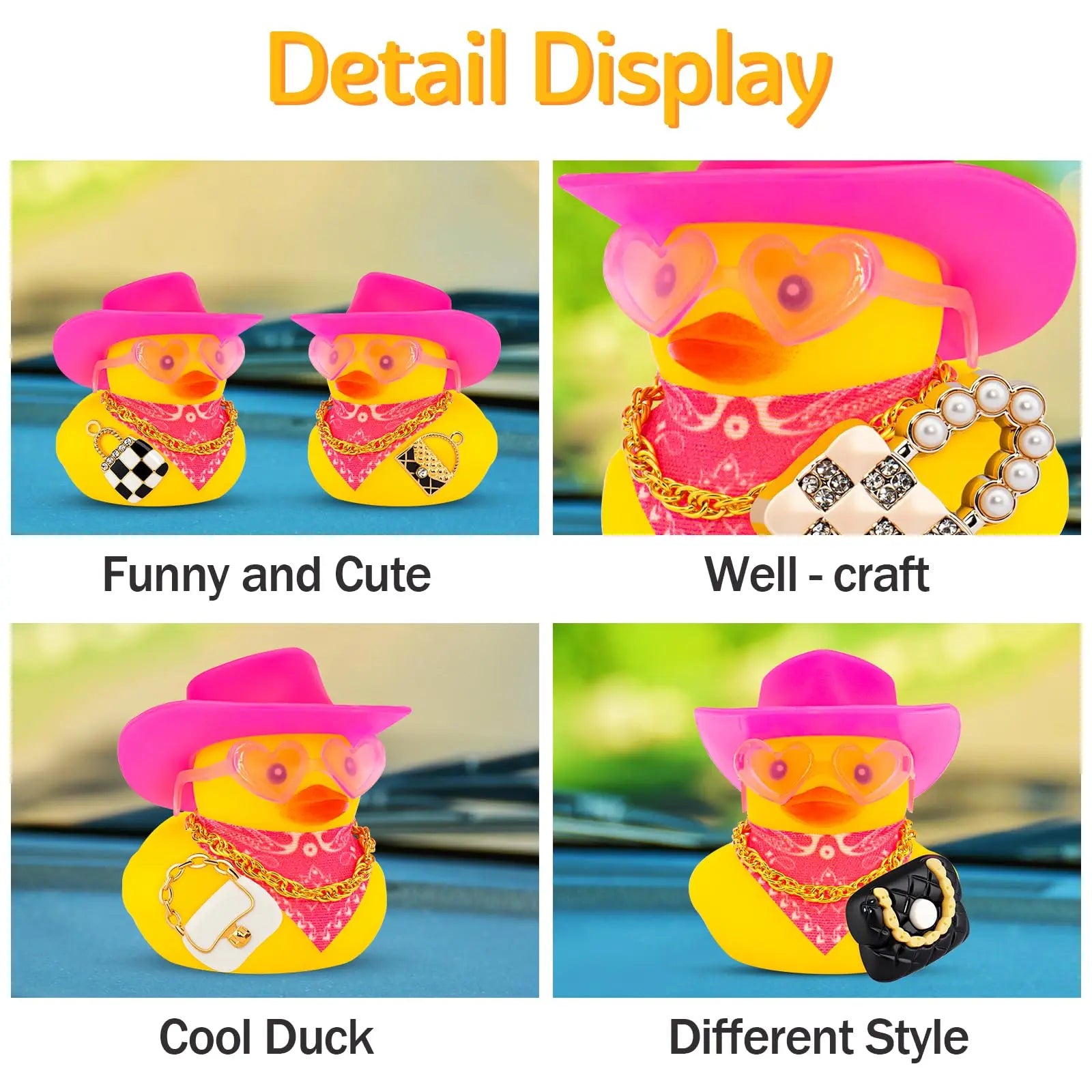 Rubber Duck Car Decor with Straw Hat, Gold Sunglasses, Necklace,Squeaky Dashboard Accessories, Decor Duck for Car