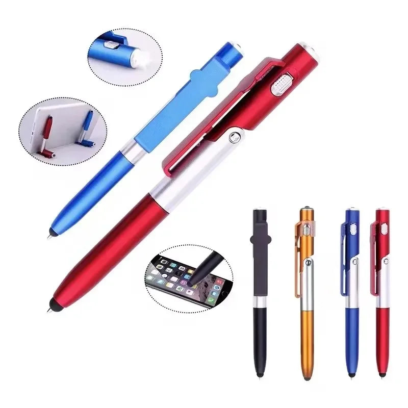 Multifunction 4-in-1 Foldable Ballpoint Pen Stylus (Flashlight + Support) for Tablet Cellphone