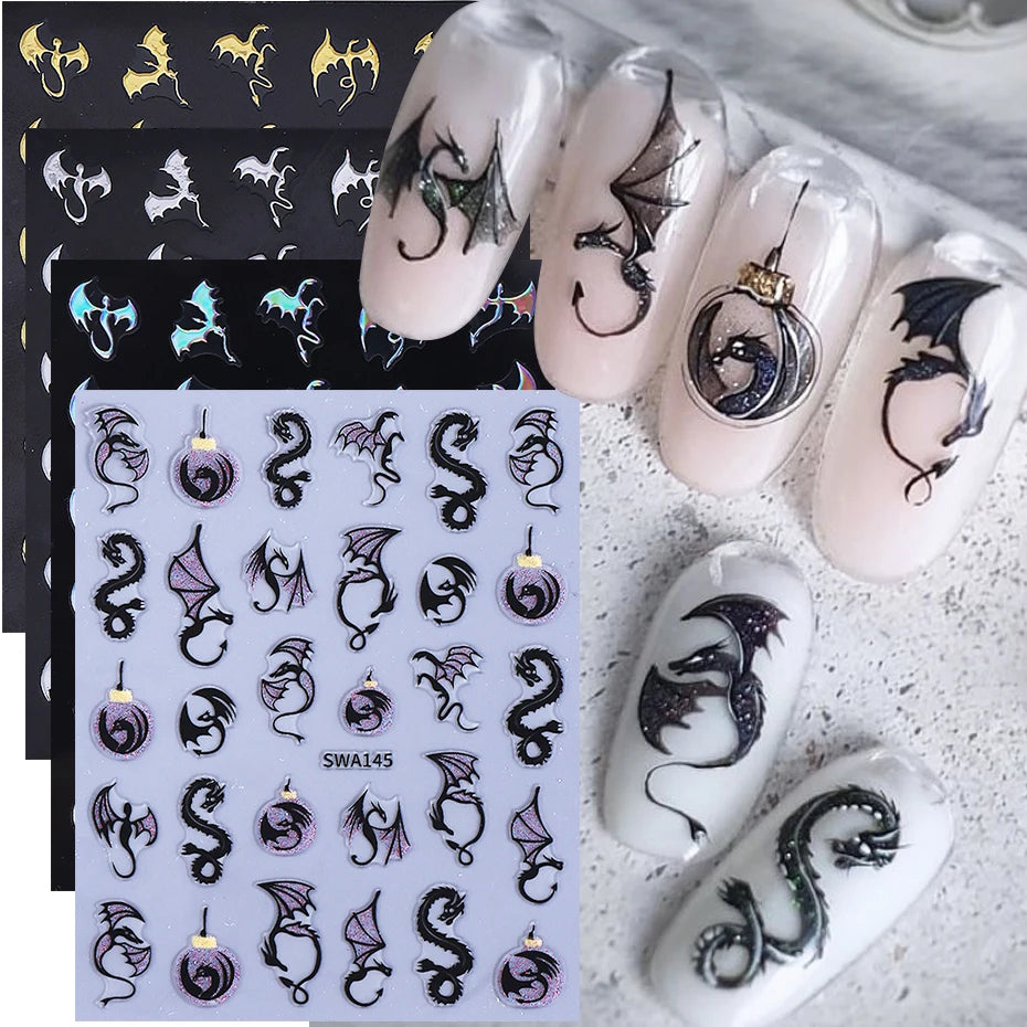 3/4pcs Metallic Dragon Nail Stickers Evil Bat Flying Dragon Designs Self-Adhesive Nail Decals Y2K Halloween Manicure Decoration