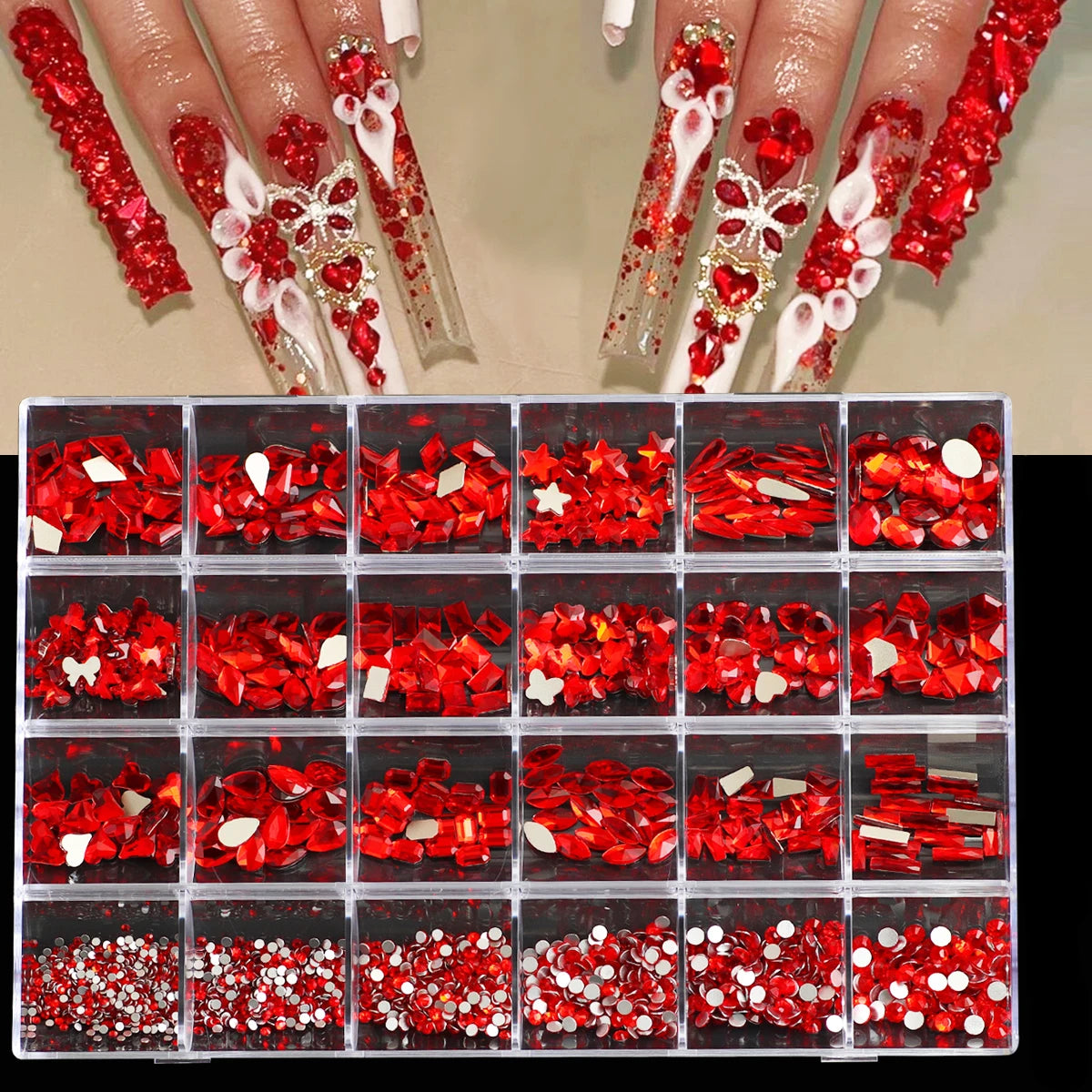 1 Box of Multi -Shaped 3D Nail Diamond Kits -24 AB Crystal Gem Grids, Flat -Bottom Nail Art Accessories Multi -Style Nail Suppli