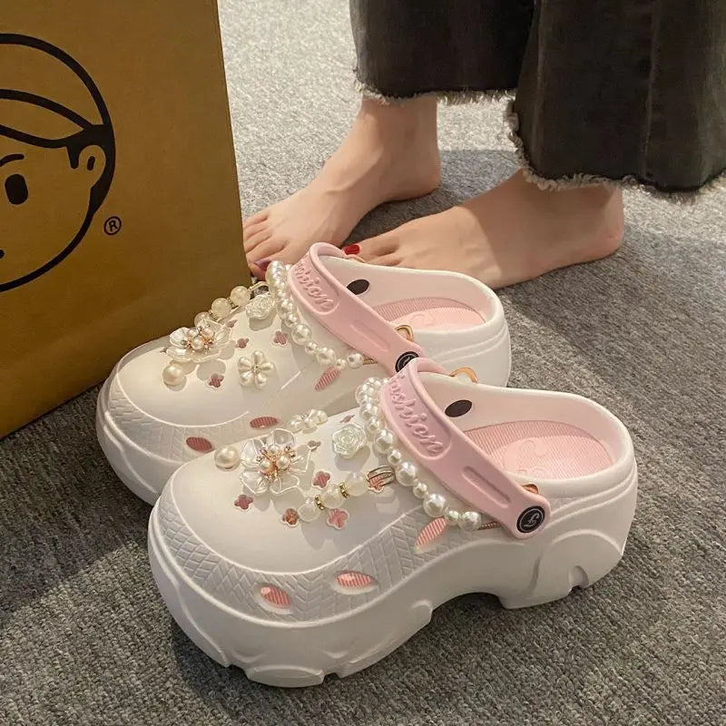 Luxus DIY Perlenkette Rutschfeste Clogs Damen Sommer 2026 Komfort Plateau Slip On Sandalen EVA Dicke Sohle Outdoor Hausschuhe