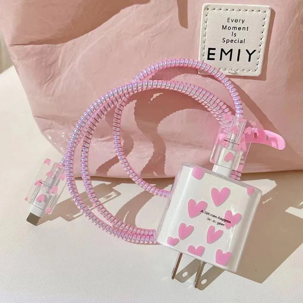 Heart-Print Charger Cover & Cable Wrap – Pink or Blue