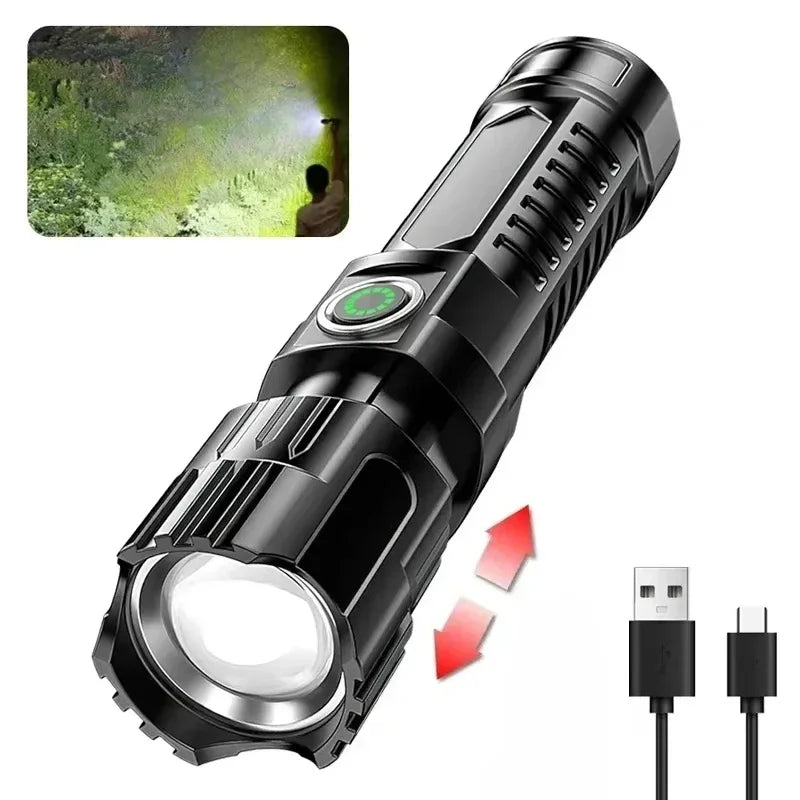 Powerful LED Flashlight USB C Rechargeable Zoomable Searchlight 3 Modes Handheld Flashlight for Outdoor Camping Hunting Torch