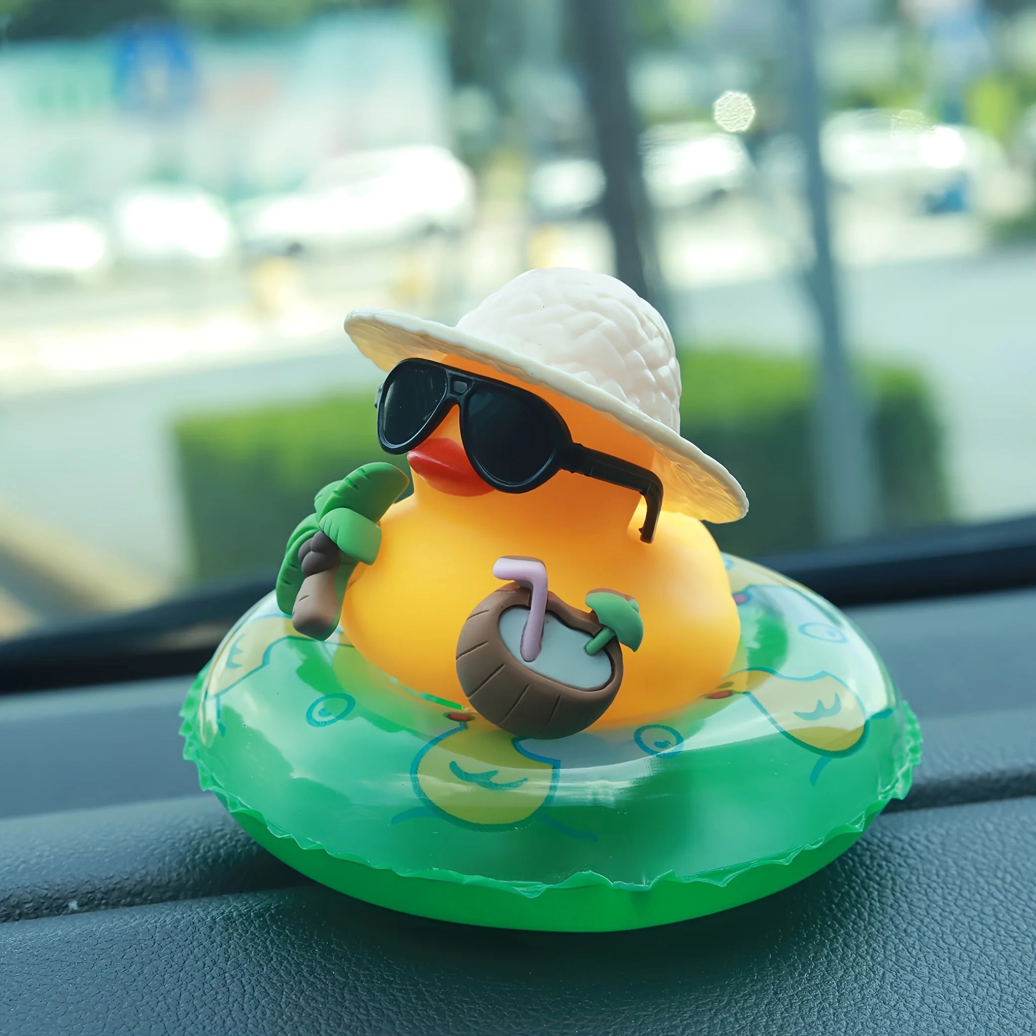 Cute Summer Beach Duck Car Ornament, Sunglasses Rubber Duck with Swim Ring, Dashboard Decor for Car Interior & Holiday Gifts