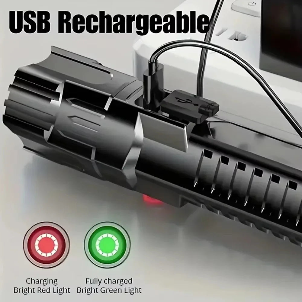 Powerful LED Flashlight USB C Rechargeable Zoomable Searchlight 3 Modes Handheld Flashlight for Outdoor Camping Hunting Torch