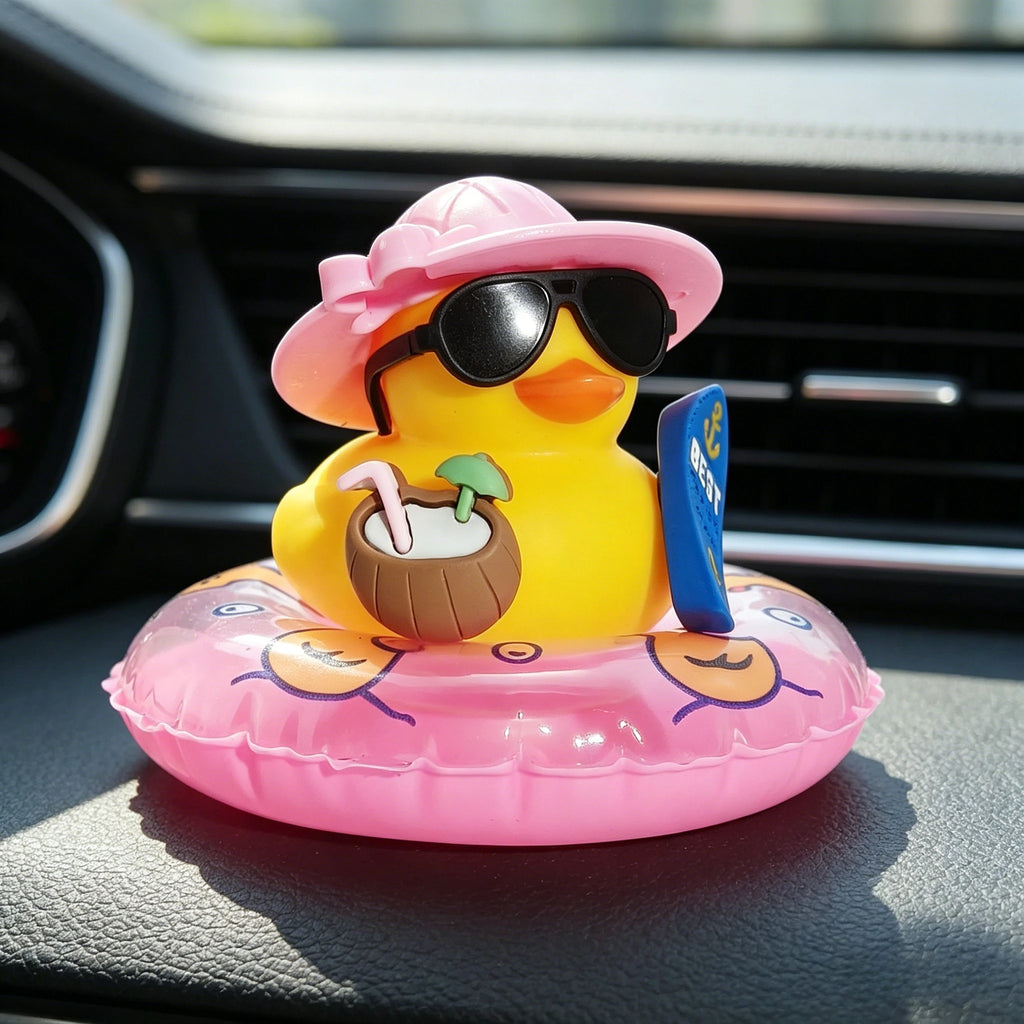 Coole Enten-Auto-Innendekoration, bezaubernde Gummiente mit Sonnenbrille und Schwimmring, perfekt für Auto, Büro und Raumdekoration