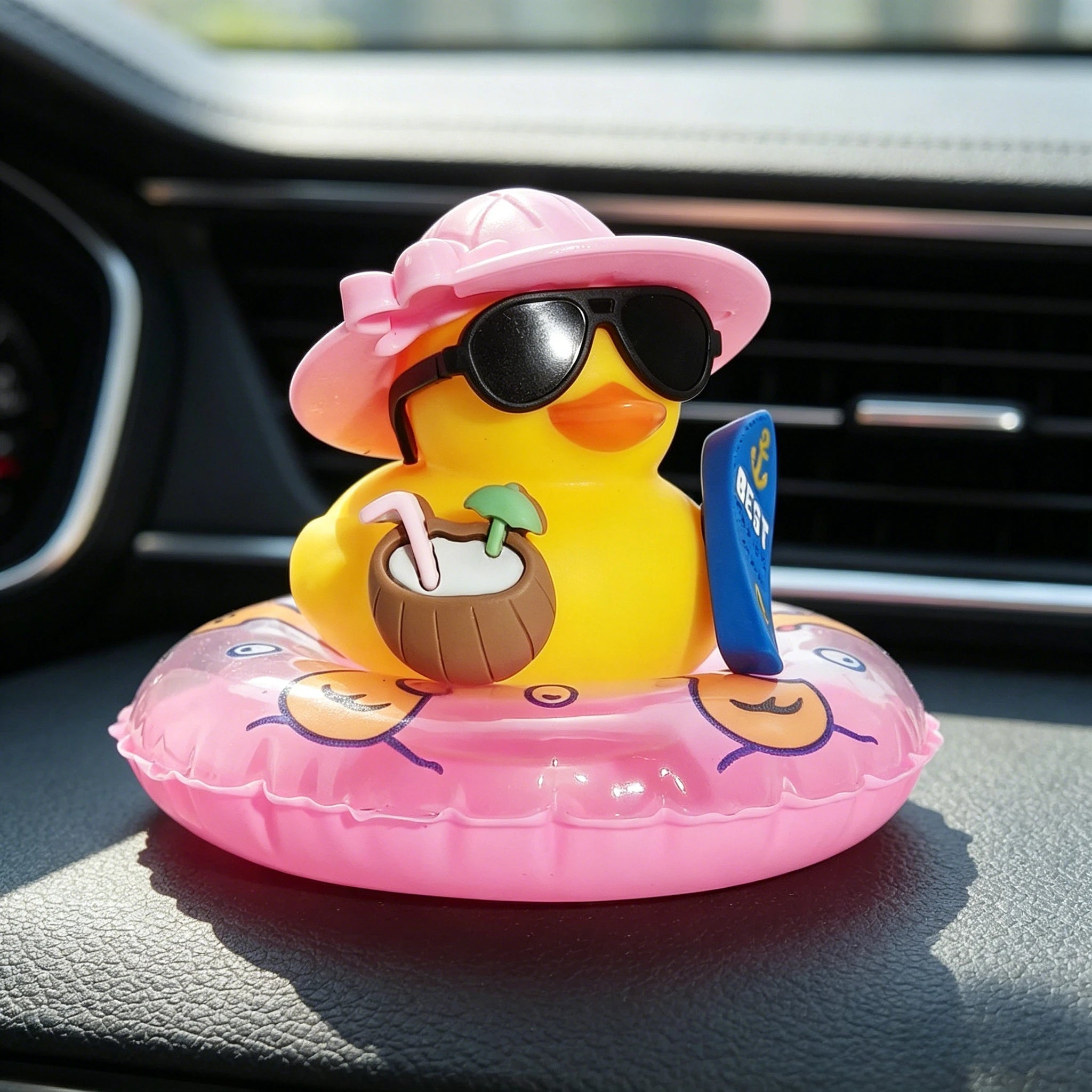 Cool Duck Car Interior Decoration, Adorable Rubber Duck with Sunglasses & Float, Perfect for Car, Office & Room Decor
