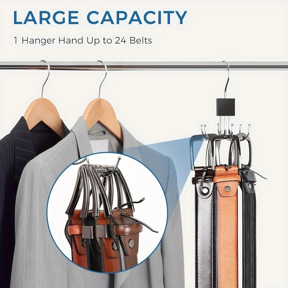 360° Rotating Belt & Accessory Hanger – Multi-Hook Closet Organizer, Wood & Metal