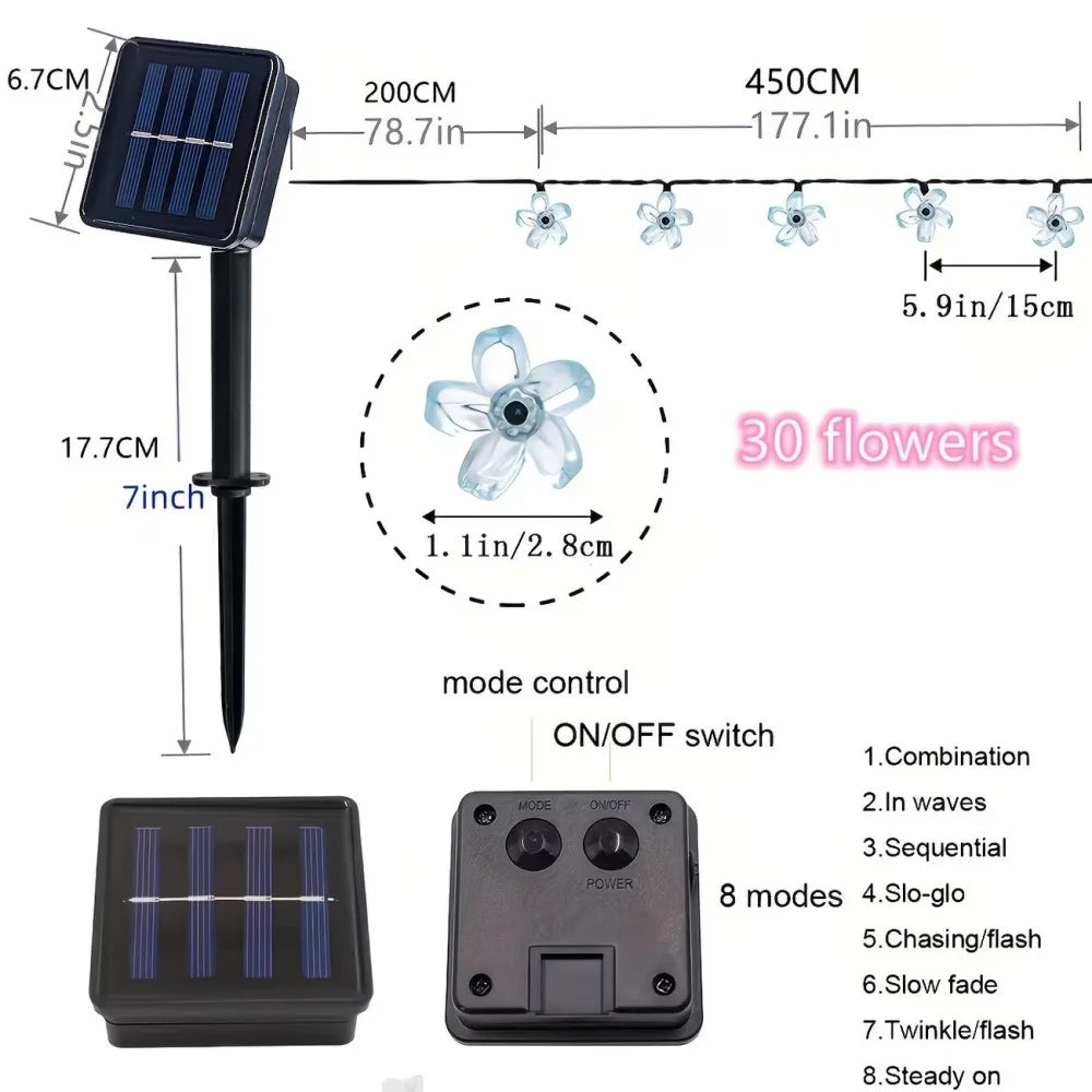 Solar Cherry Blossom Outdoor String Lights, Floral LED Fairy Lights for Yard Tree, Balcony, Backyard Landscape Festival Decor