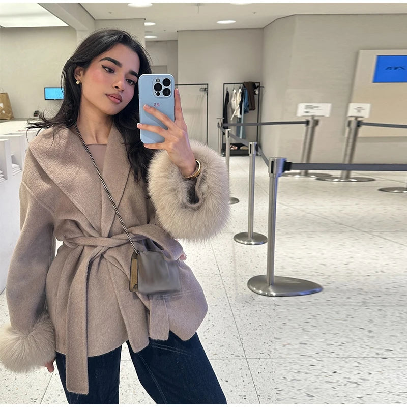 Elegant Solid Long Overcoat Women Turn-down Collar Lace Up Full Sleeve Classic Warm Coat 2025 New Lady Autumn Winter Casual Wear