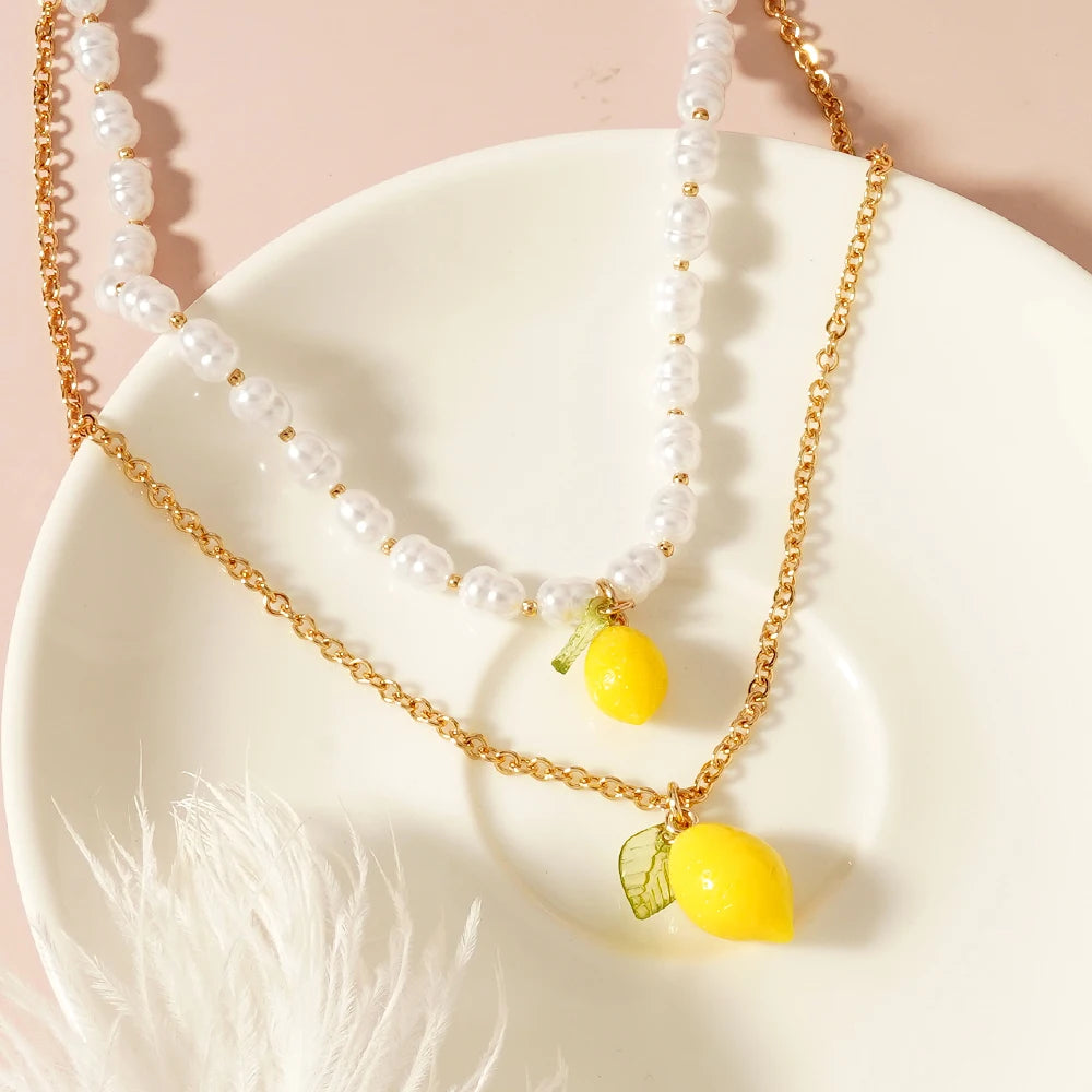 Lemon Charm Necklace with Pearl-Look Bead Styling