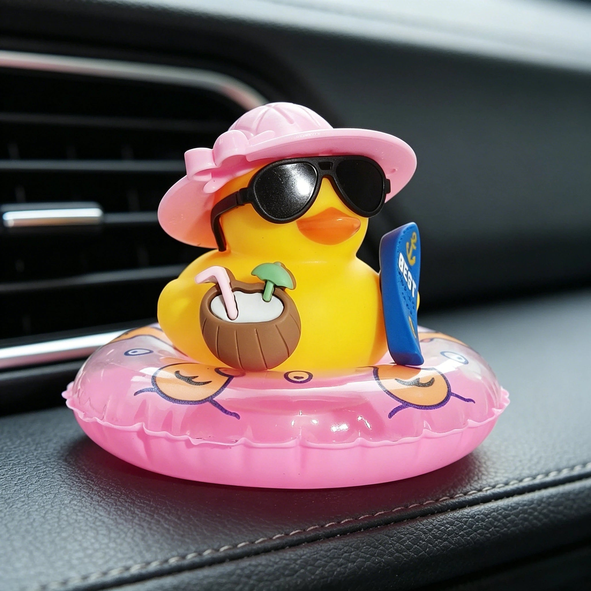 Cool Duck Car Interior Decoration, Adorable Rubber Duck with Sunglasses & Float, Perfect for Car, Office & Room Decor