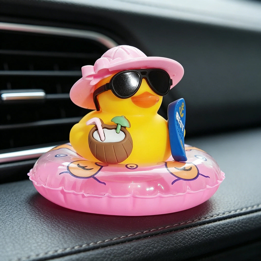 Coole Enten-Auto-Innendekoration, bezaubernde Gummiente mit Sonnenbrille und Schwimmring, perfekt für Auto, Büro und Raumdekoration