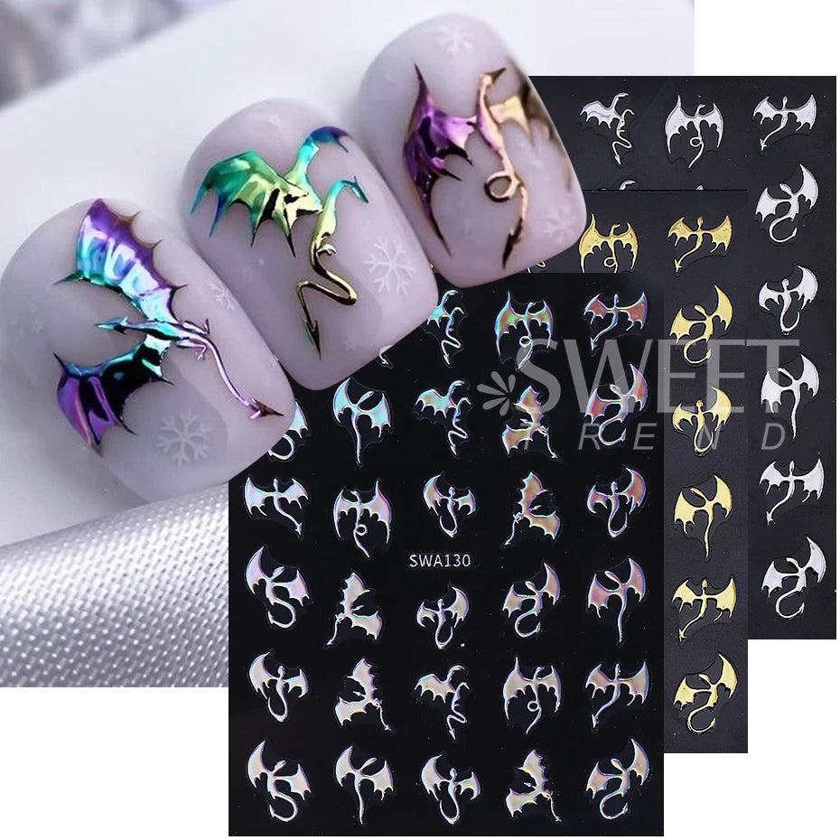 3/4pcs Metallic Dragon Nail Stickers Evil Bat Flying Dragon Designs Self-Adhesive Nail Decals Y2K Halloween Manicure Decoration