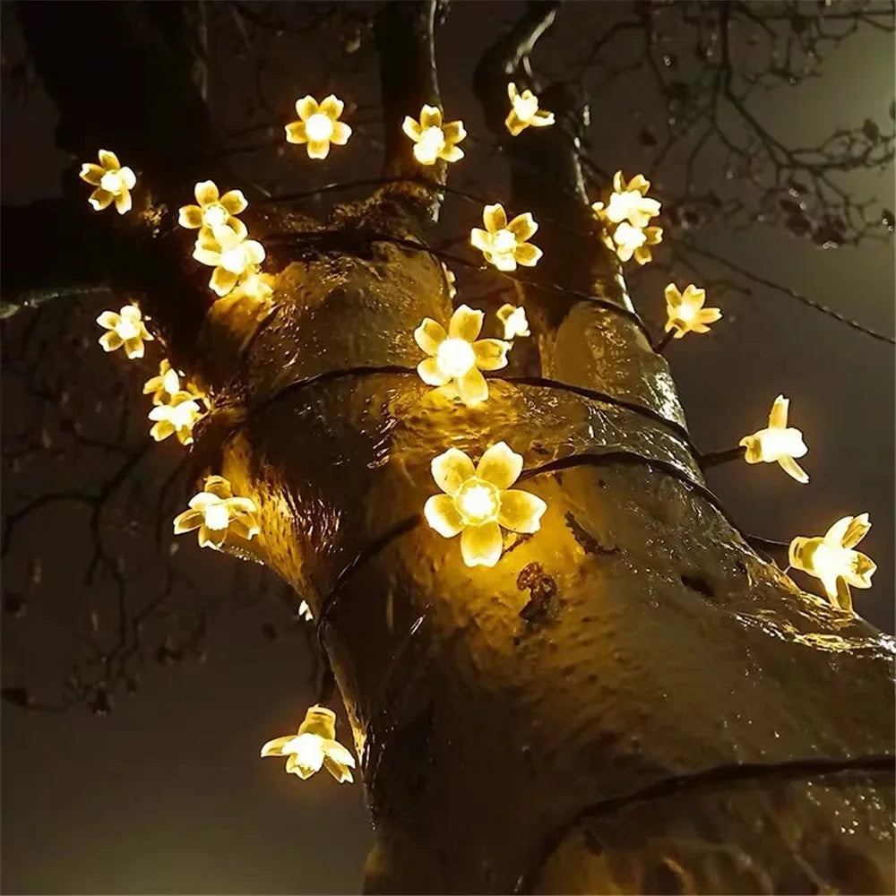Solar Lichterkette Sakura-Girlande Pfirsichblüten Kirsche LED-Lampe für Hochzeitsfeier Garten Weihnachten Outdoor Deko 5/7/12M