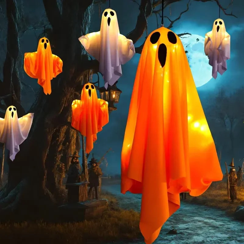 Light-Up Hanging Ghost – White or Orange Halloween Decoration