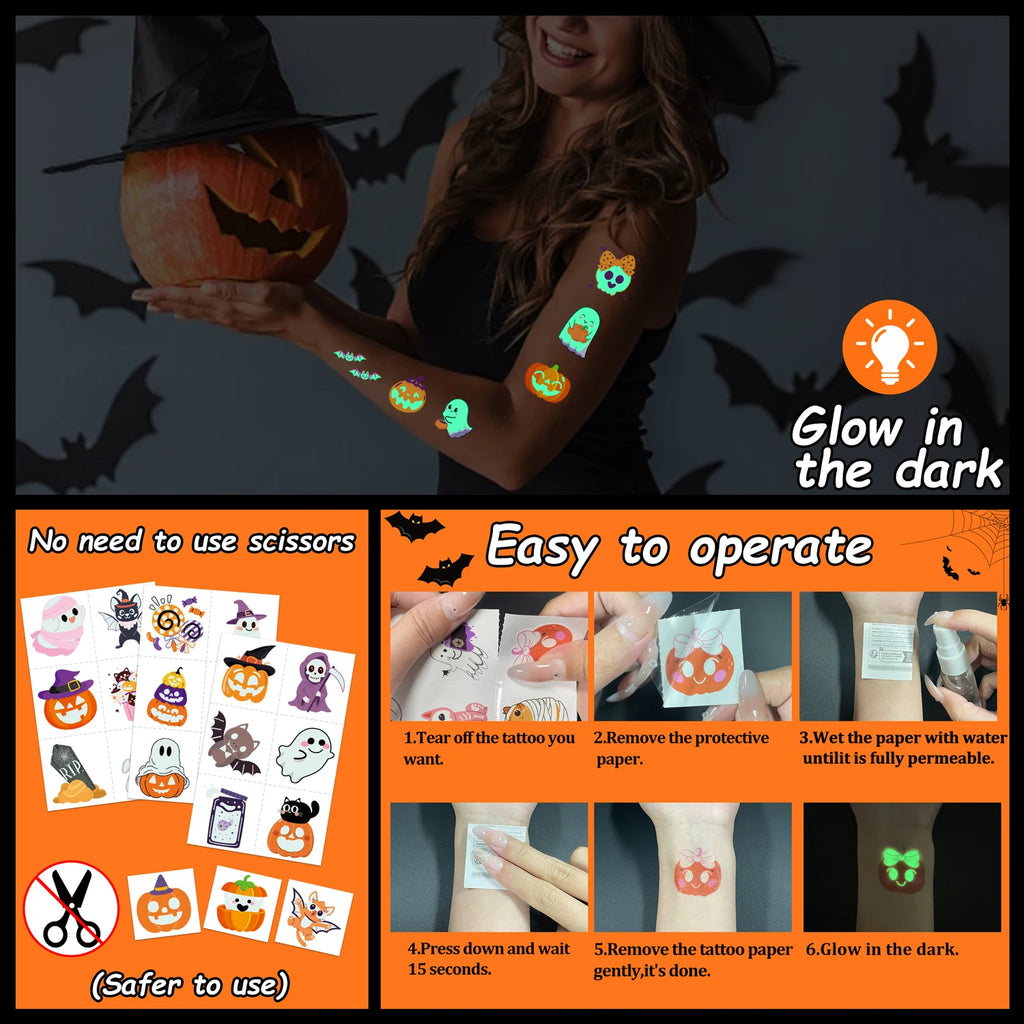 Glow-in-the-Dark Halloween Temporary Tattoos – 36 Sheets