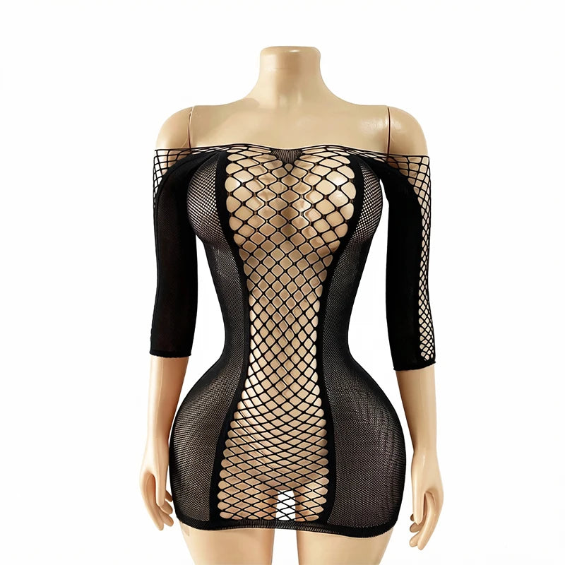 1 Piece Beach Cover Up without Bikini Summer's Hottest Mesh Swimsuit Women Summer Pool Swimwear Long Sleeves Hollow Out Dress