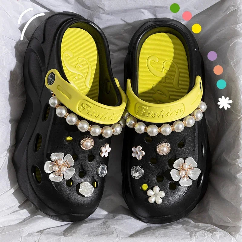 Luxury DIY Pearl Chain Non Slip Clogs Women Summer 2026 Comfort Platform Slip On Sandals EVA Thick Bottom Outdoor Slippers Shoes
