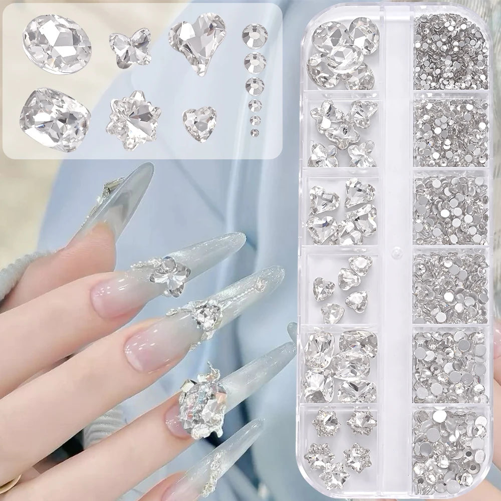 Mixed-Shape Nail Art Rhinestones – 12-Compartment Box