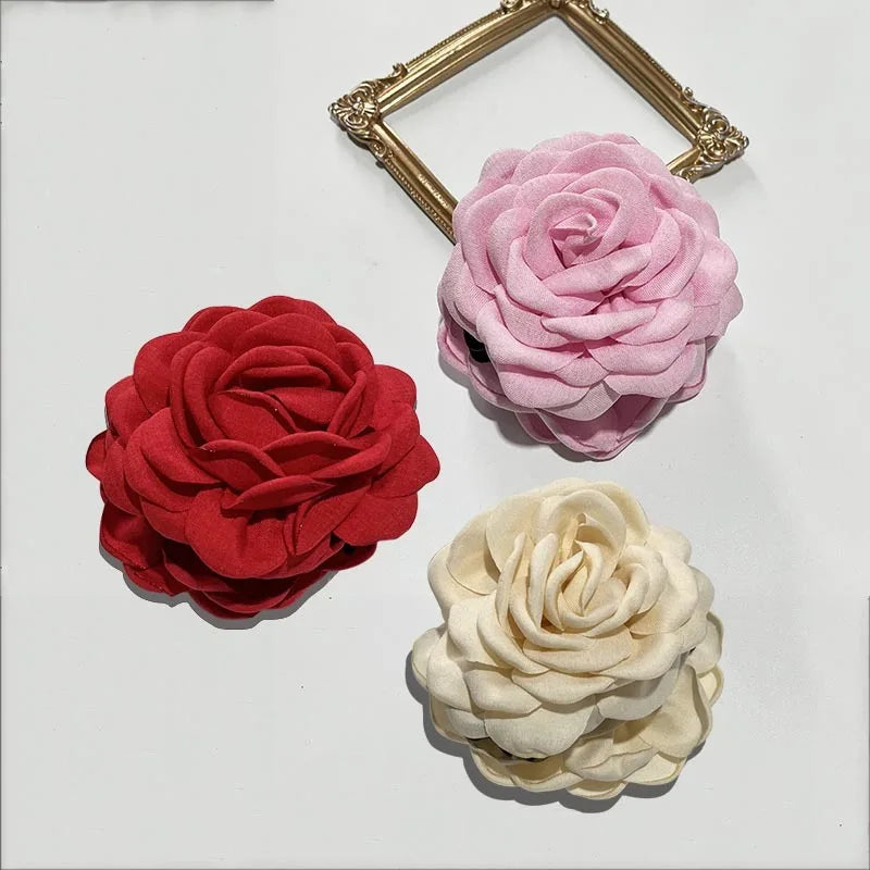 French Fabric Rose Hair Claw Clips – Floral Barrette for Women & Girls, All Seasons