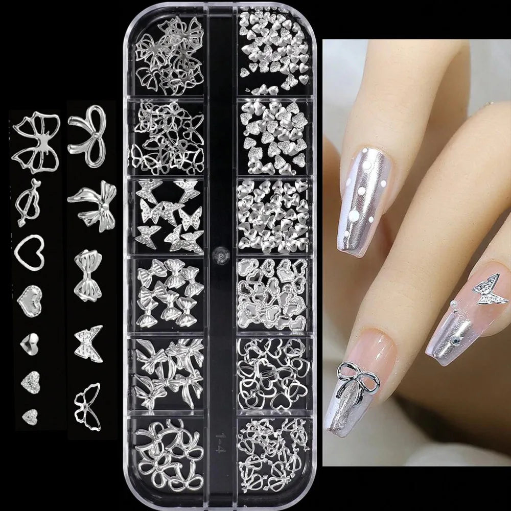12Grids 3D Silver Heart Bow Butterfly Nail Charms Y2K Metallic Star Moon Nail Rivet Studs DIYValentine's Day Manicure Decoration