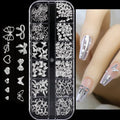 12Grids 3D Silver Heart Bow Butterfly Nail Charms Y2K Metallic Star Moon Nail Rivet Studs DIYValentine's Day Manicure Decoration