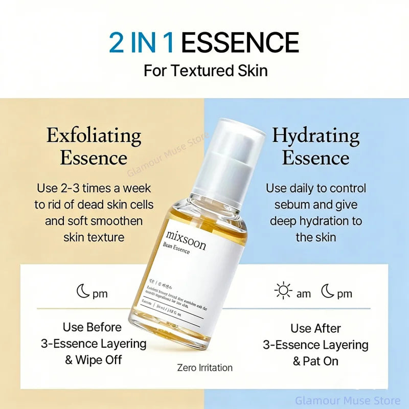 Korean Skincare Mixsoon Glow Bean Essence,Exfoliating Gentle Long-lasting Hydration Facial Moisturizing Serum Smooth Skin 50ml