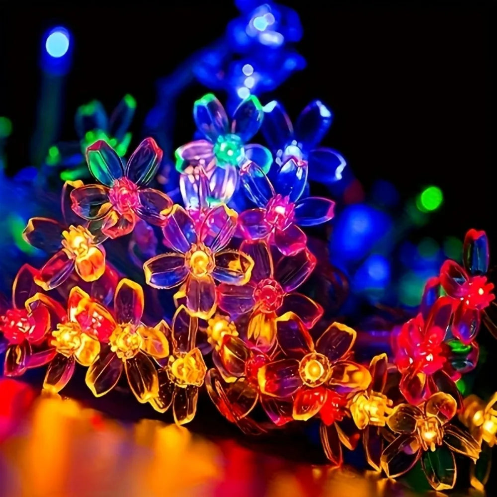 Solar Cherry Blossom Outdoor String Lights, Floral LED Fairy Lights for Yard Tree, Balcony, Backyard Landscape Festival Decor