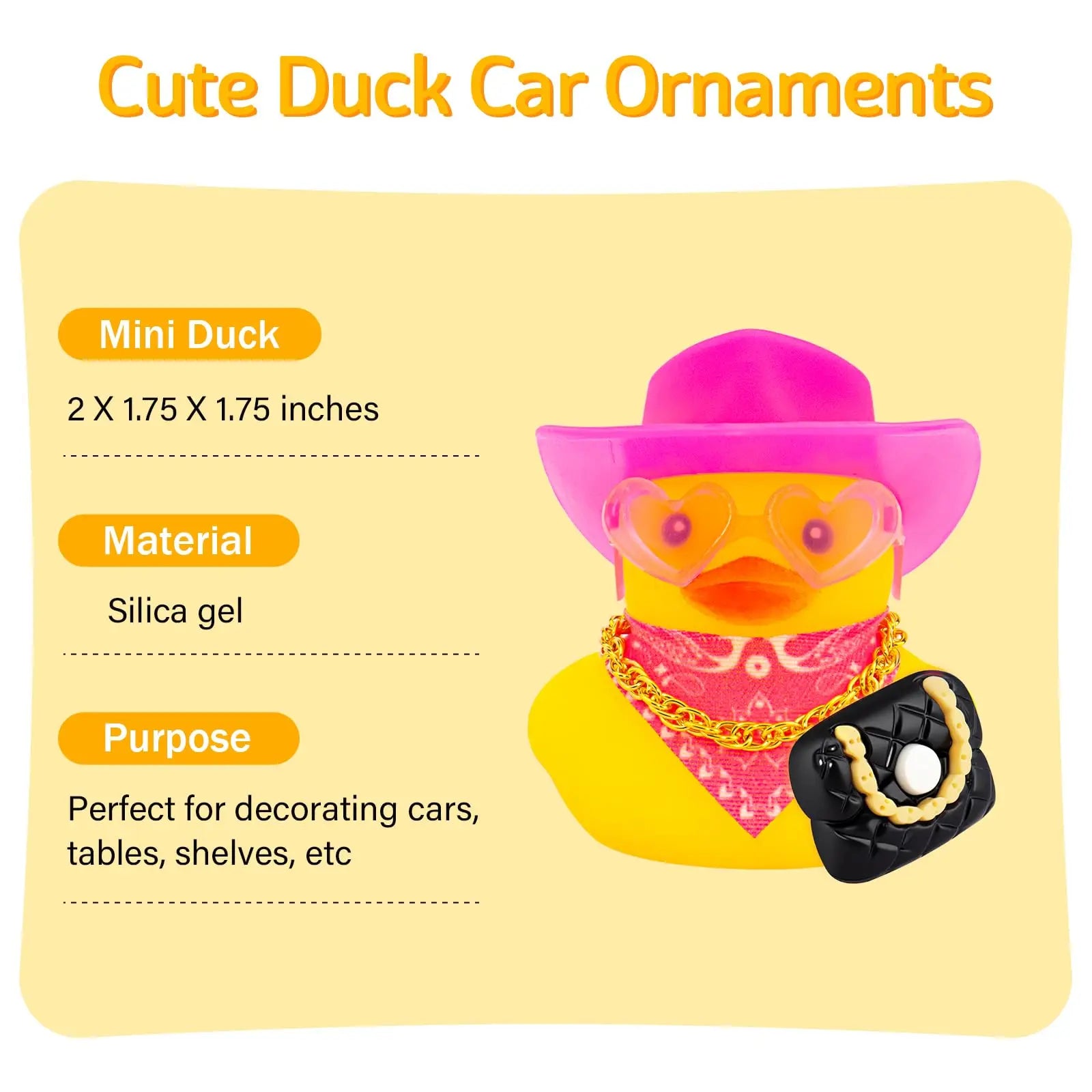 Rubber Duck Car Decor with Straw Hat, Gold Sunglasses, Necklace,Squeaky Dashboard Accessories, Decor Duck for Car